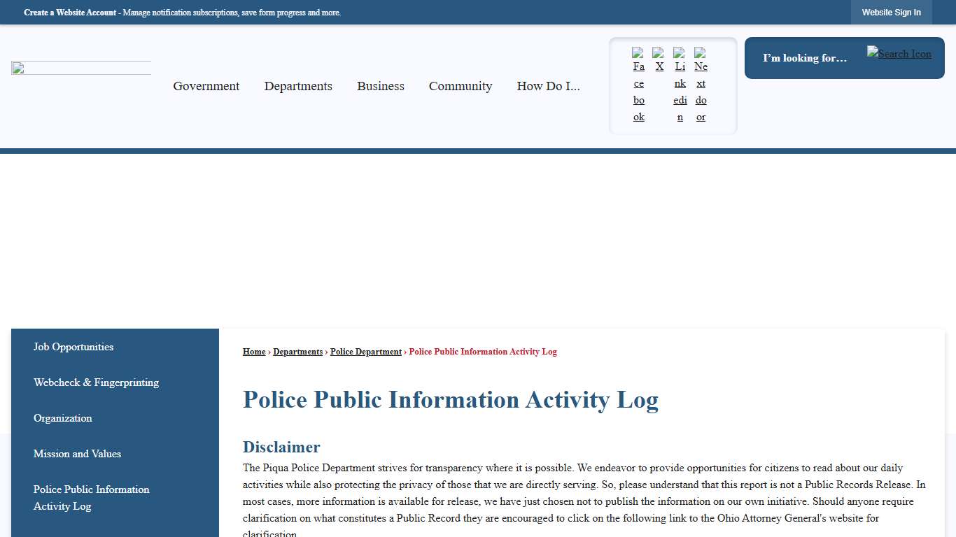 Police Public Information Activity Log Piqua, OH